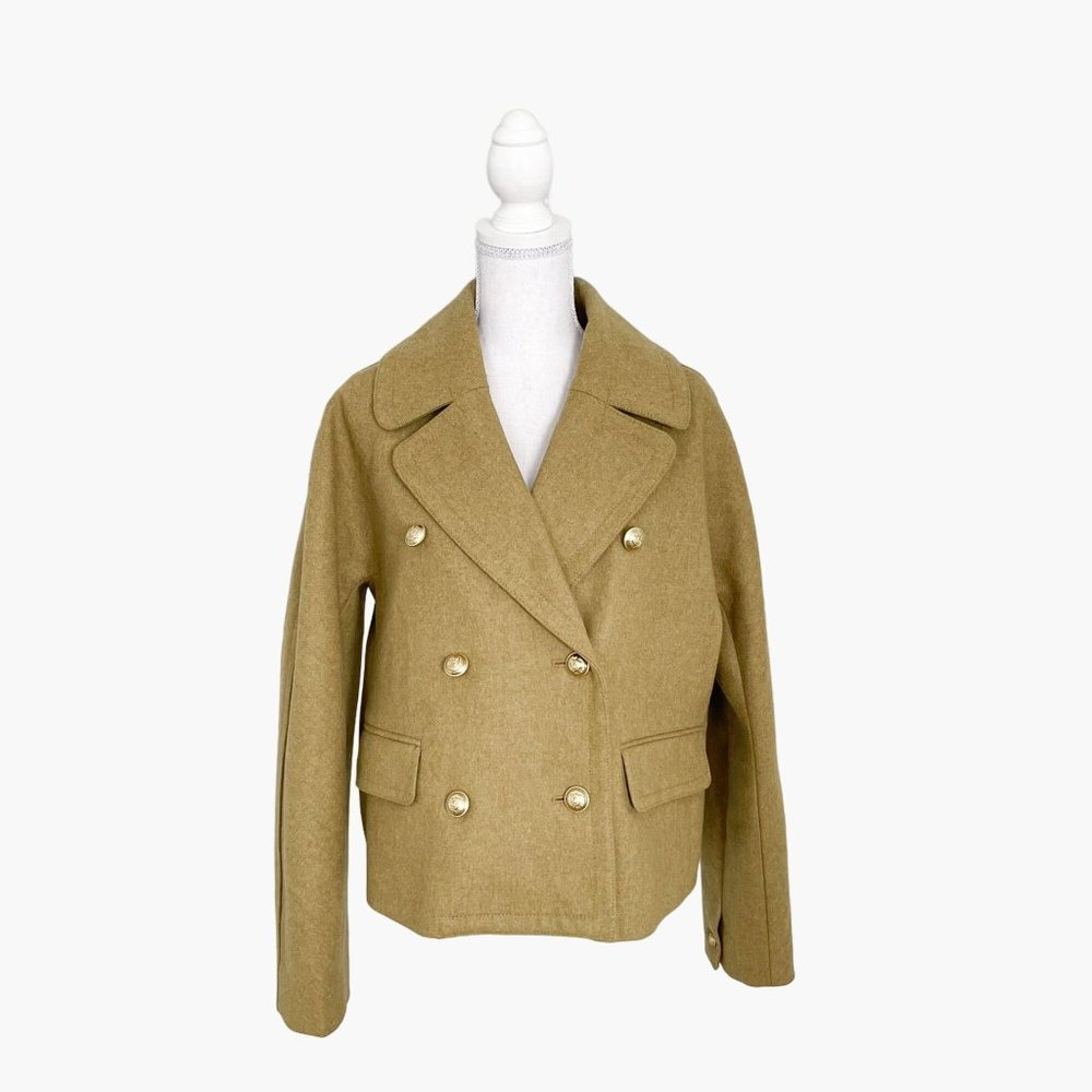 J. Crew Wool Cropped Peacoat Size 12 Mustard Green Melton Double Breasted Jacket